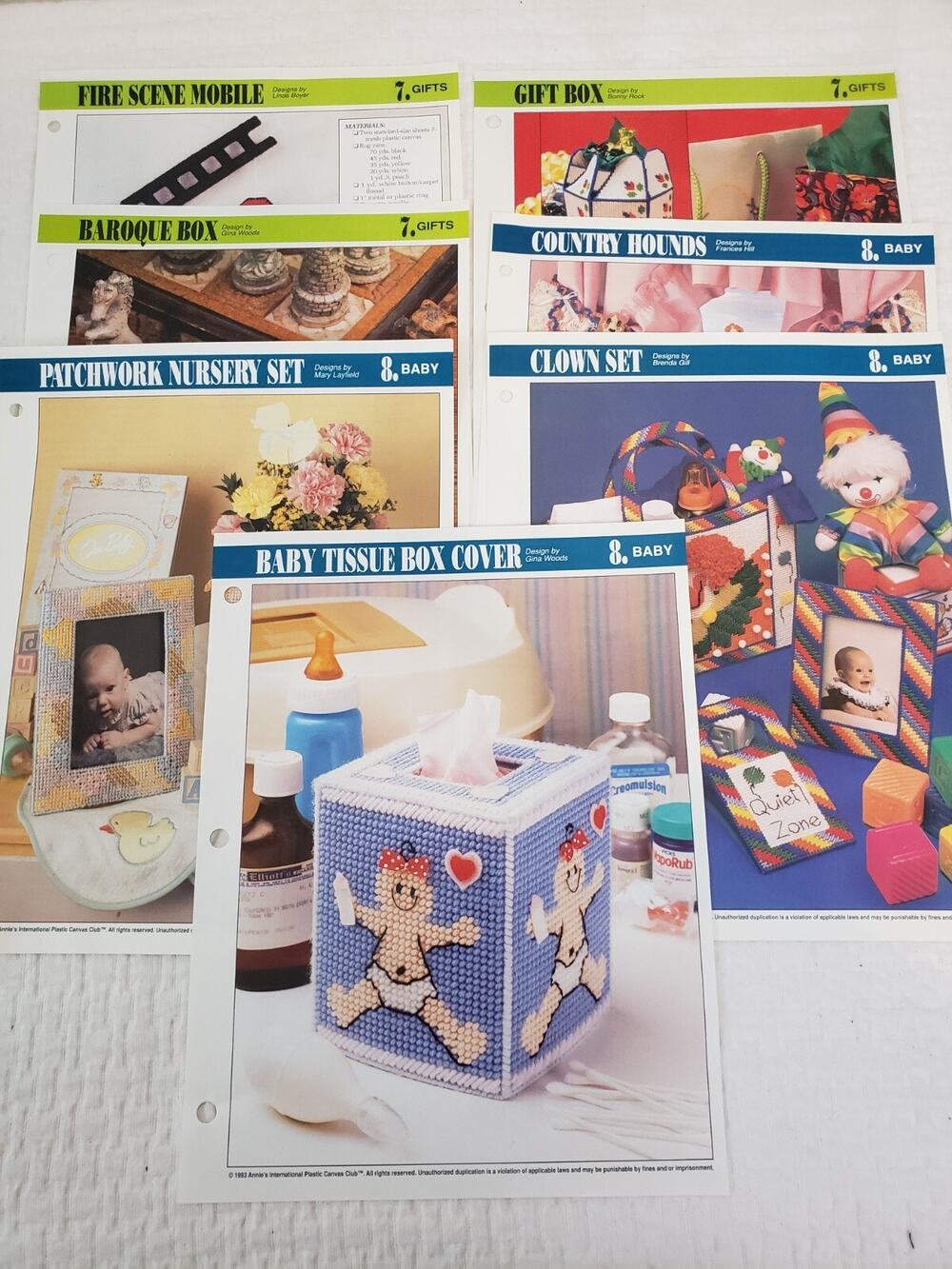 Vintage 1993 Annie's Attic Plastic Canvas Baby/ Gifts Patterns Lot of 7